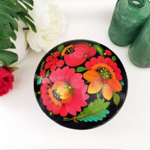 Boite ronde en bois laqué noir et fleurs multicolores peintes à la main - Russie