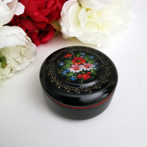 Boite ronde en métal laqué peinte à la main fleurs rouges et bleu - Russie