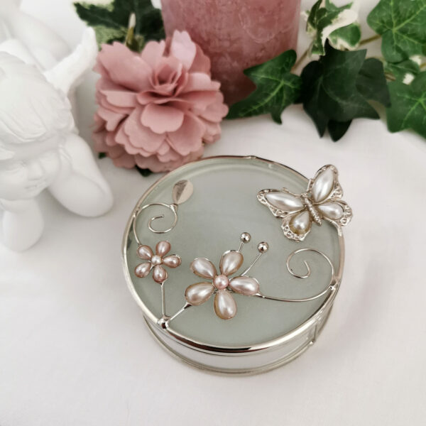 Boite à bijoux fantaisie en verre et métal - Ornements nacrés et papillon