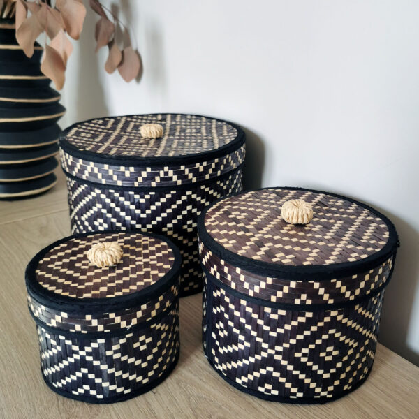Lot de 3 boites gigognes en osier tressé à motifs géométriques - Style ethnique chic