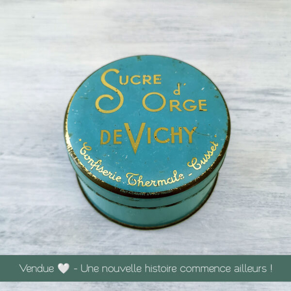 Boîte en métal ancienne bleue lettres dorées pastilles Vichy