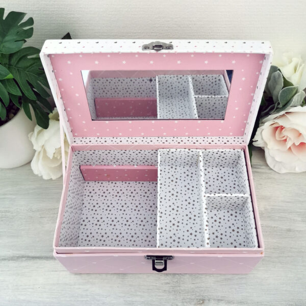 Boite à bijoux rose blanche et grise avec miroir et compartiments – Image 2