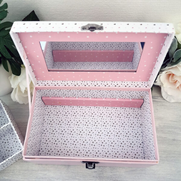 Boite à bijoux rose blanche et grise avec miroir et compartiments – Image 4
