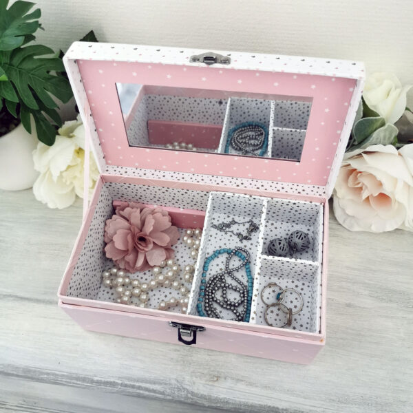 Boite à bijoux rose blanche et grise avec miroir et compartiments – Image 3