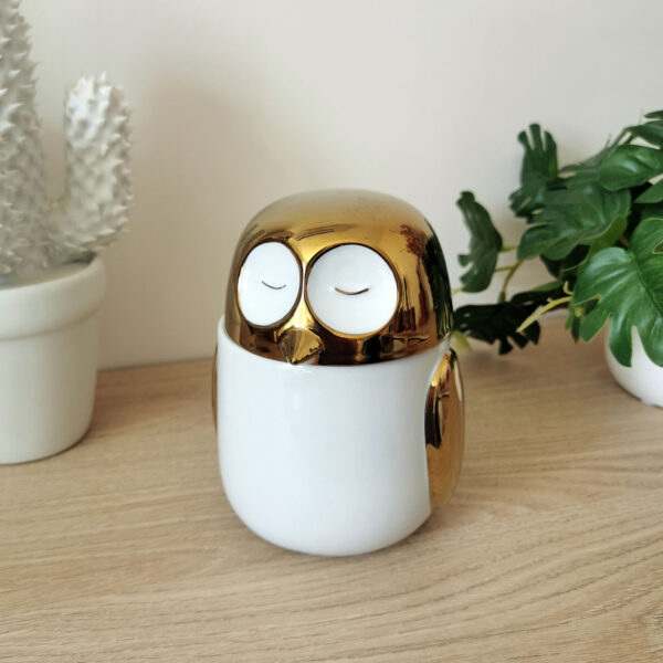 Boite en céramique en forme de chouette/hibou signée Bialetti - blanche et dorée en forme de hibou