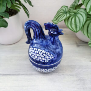 Boite en céramique émaillée en forme de poule bleue peinte à la main, années 50–70