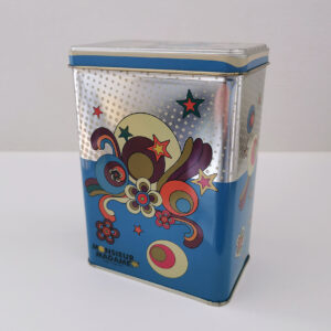 Boîte en métal Monsieur Génial vintage 2012 décor pop bleu et argenté