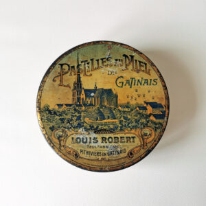 boîte ancienne publicitaire en métal Louis Robert, décor lithographié, diamètre 13 cm