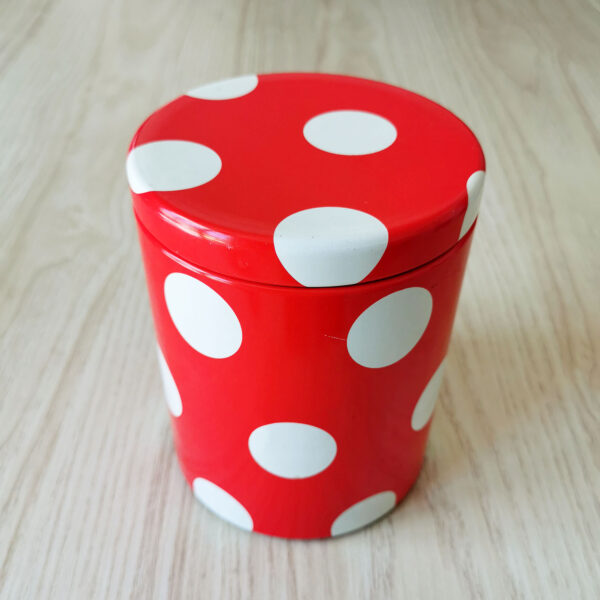 boîte en métal vintage Massilly rouge à pois blancs, vue globale