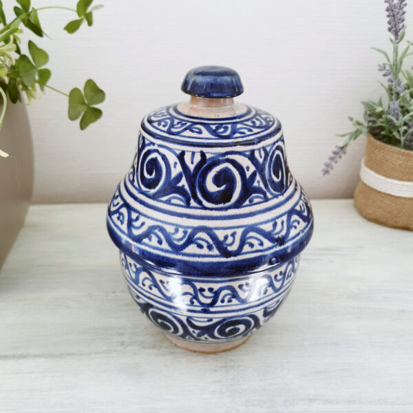 boîte artisanale marocaine en céramique vernissée bleue, années 80