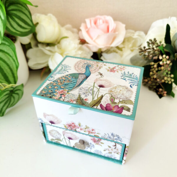 boîte à bijoux en carton décorée de paons et de fleurs avec miroir en forme de cœur
