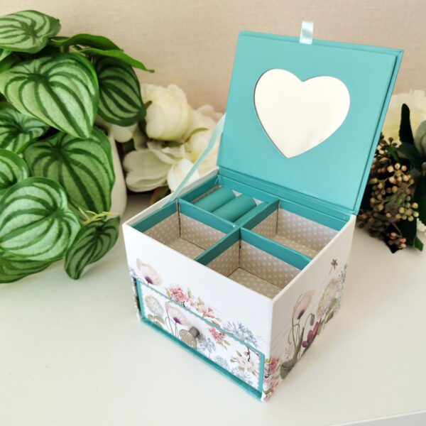 Petite boite à bijoux en carton décor paon et fleurs – avec miroir cœur et tiroir – Image 3