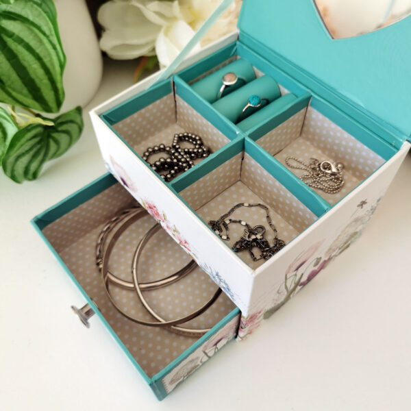 Petite boite à bijoux en carton décor paon et fleurs – avec miroir cœur et tiroir – Image 4
