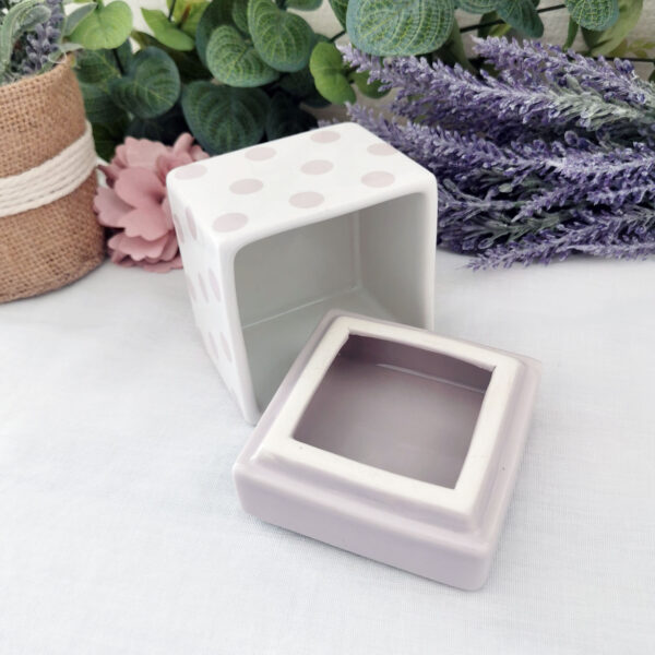 Boite en céramique blanche et mauve à pois – petite boite décorative – Image 2