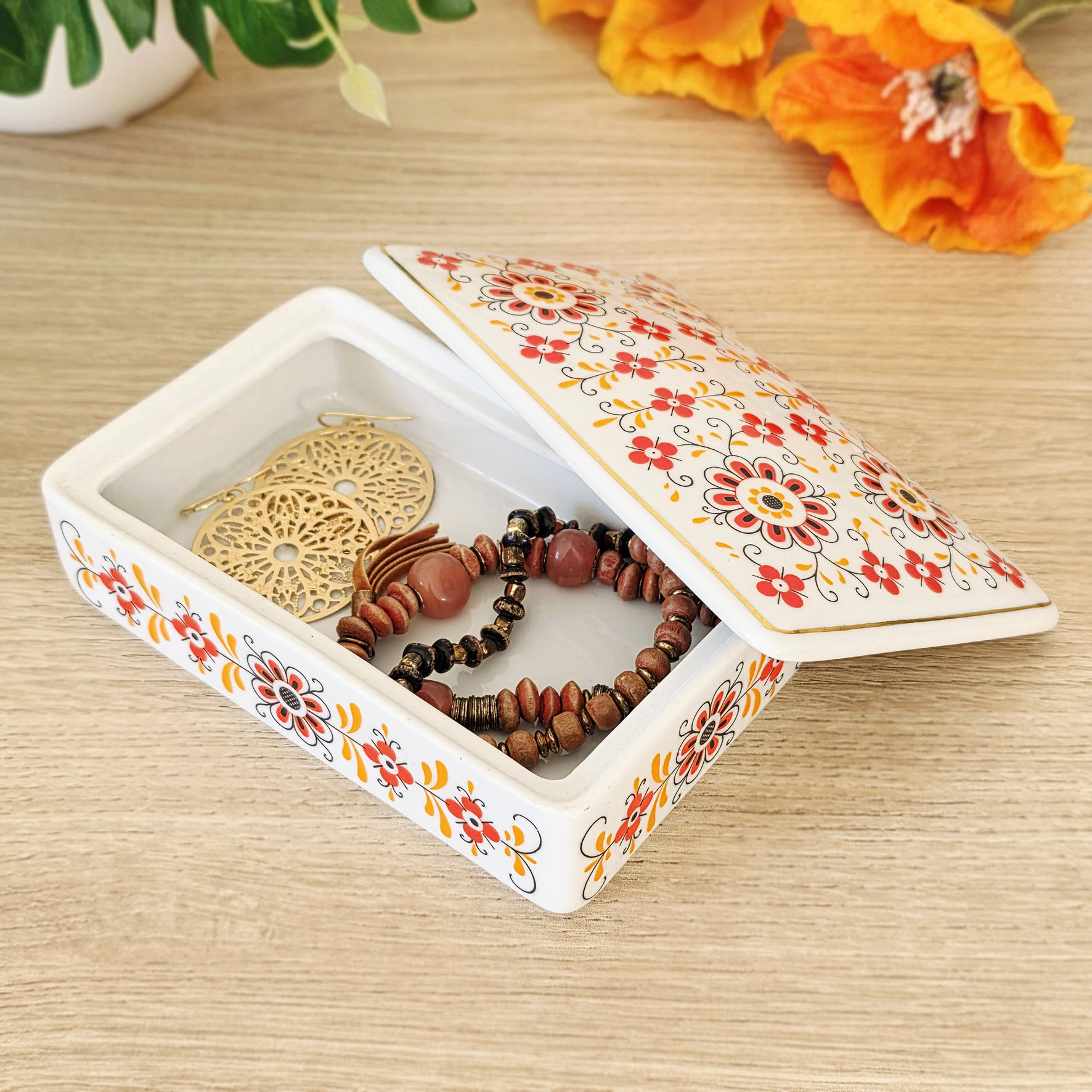 Boite vintage rectangulaire en porcelaine florale - Hongrie (Années 1960/80) – Image 5