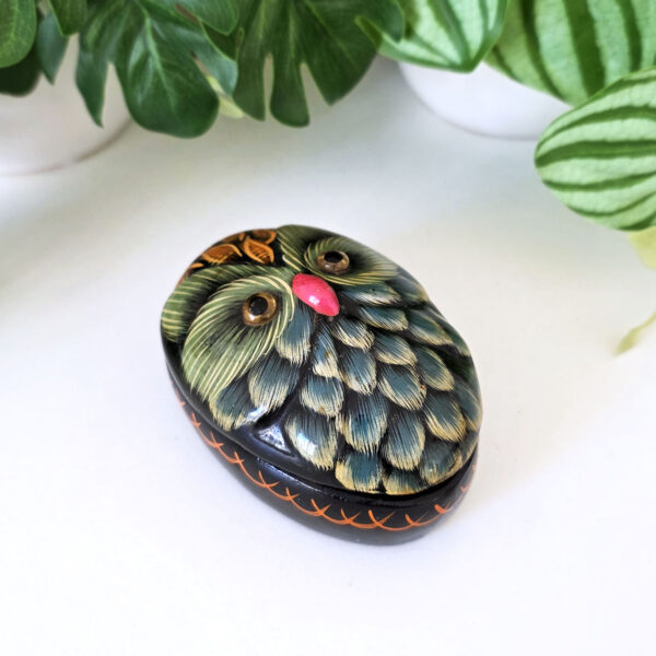 boîte chouette vintage en céramique peinte à la main, décor vert et doré, Europe de l’Est années 70–90