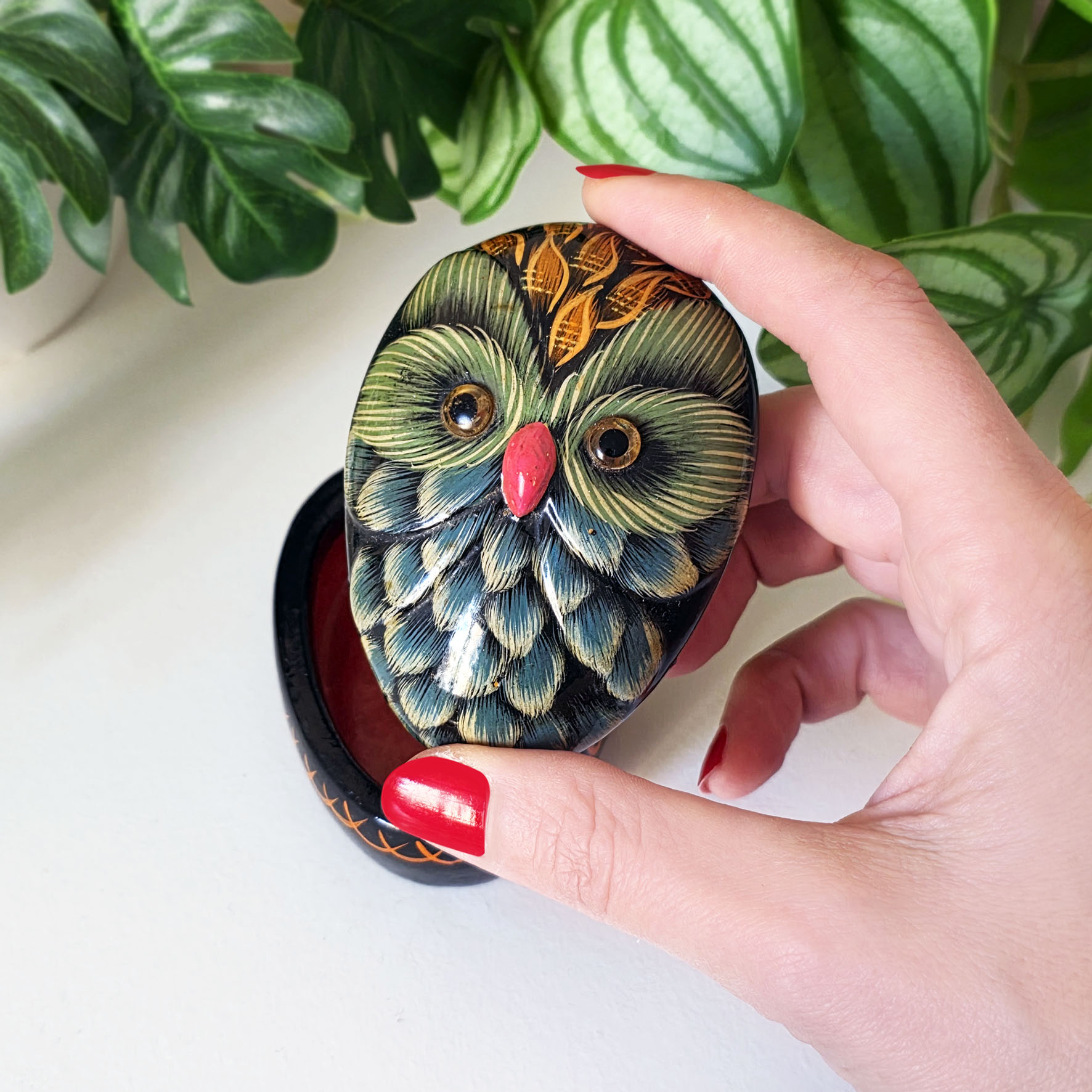 Boite chouette vintage en céramique peinte à la main (années 70–90) – Image 3